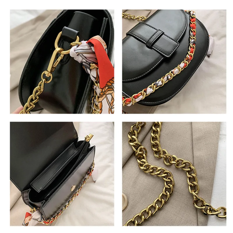 

DikizFly 2020 Hot Sale Small Saddle Bag Chains Scarves Crossbody Bags For Women Shoulder Bag Femlae Handbag Sac Main Femme Purse