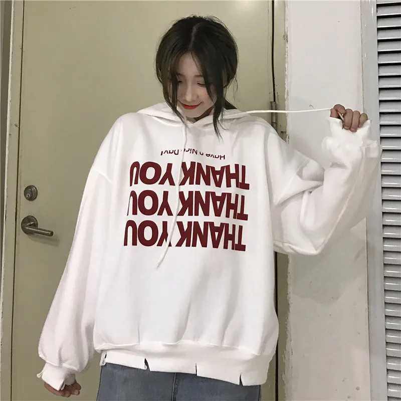 Женская толстовка с капюшоном принтом Thank You пуловер оверсайз длинным рукавом