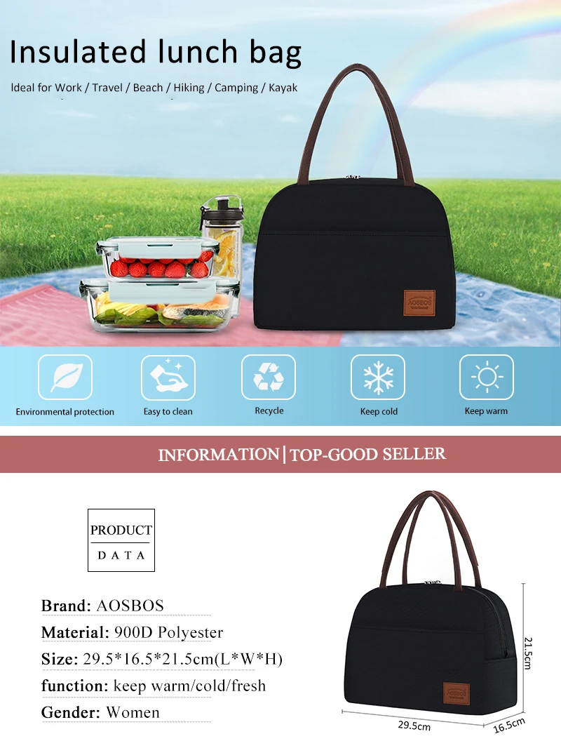 Aosbos, Модная Портативная сумка-холодильник для обеда, термоизолированная одноцветная Сумка-тоут, большая сумка для еды, пикника, Ланч-бокс, сумка для мужчин, женщин и детей