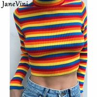 janevini rainbow stripe long sleeve crop top casual turtleneck knitted sweaters spring autumn lady pullovers sweter mujer 2020