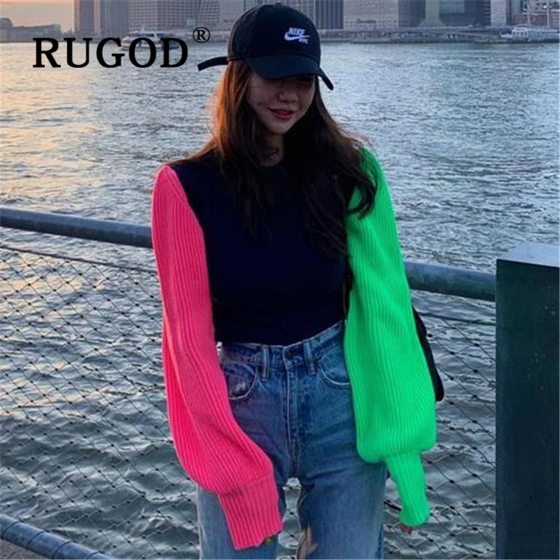 RUGOD, корейское, шикарное лоскутное, свитер, женский, модный, Круглый, с рукавом-фонариком, вязанный, для девушек, пуловеры, Осень-зима, повседневные пальто
