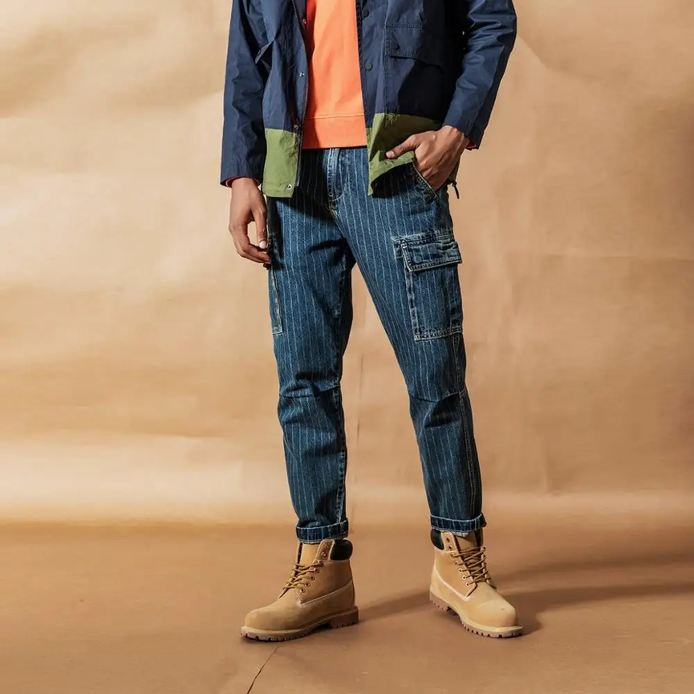 

SIMWOOD Cargo jeans men vintage Paneled fashion hip hop vertical stripes streetwear washed 100% cotton ankle-length pants 190405