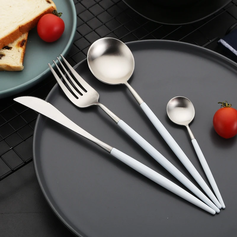 

White Silver Matte Cutlery Set 18/10 Stainless Steel Dinnerware Sets Silverware Dining Spoon Fork Knife Chopsticks Set Tableware
