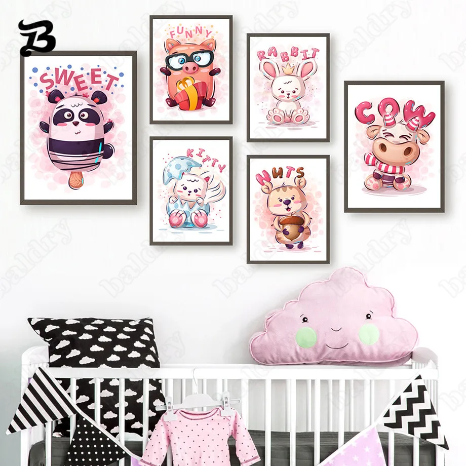 

Canvas Painting for Living Room Cartoon Cute Sweet Panda Funny Pig Cow Squirrel Wall Art Posters and Prints for Kids Room Decor
