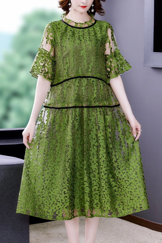 

COIGARSAM Women Dress Summer 2021 New Vintage Short Sleeve Embroidery Mesh O-Neck Orange Purple Dresses Traf Robe Vestidos