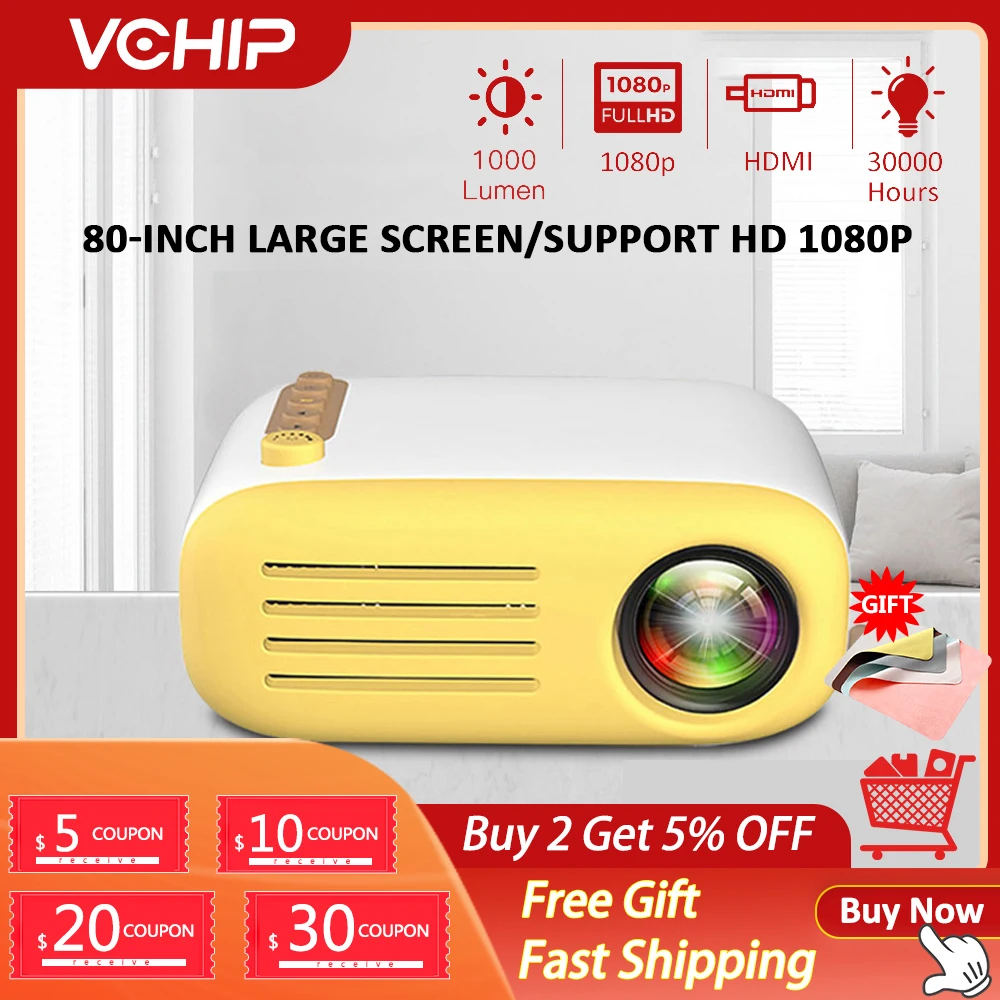 

Мини-проектор VCHIP YG20 для домашнего кинотеатра, светодиодный HD-проектор с поддержкой 1080P ТВ, HDMI, USB, медиаплеер, портативный проектор