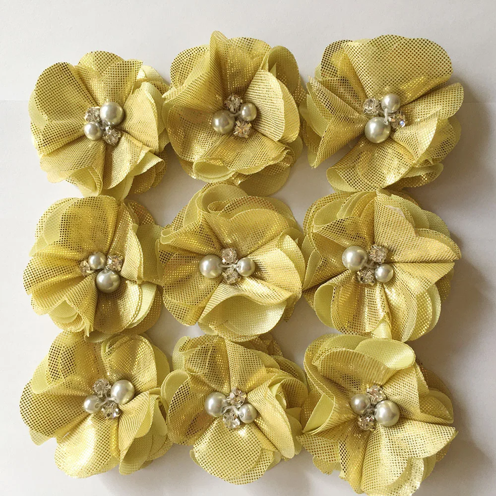 2.0 inch Silver &amp Gold Color Chiffon Flower Ruffled Metallic With Rhinestone Center 100Pcs/lot | Аксессуары для одежды