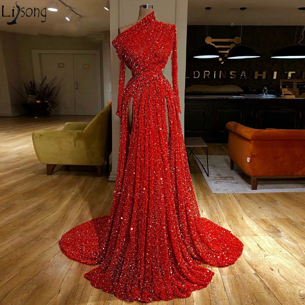 

Red Sequins High Split Prom Dresses One Shoulder Long Sleeves Evening Gowns Sweep Train Long Gown Formal Dress Vestido De Fiesta