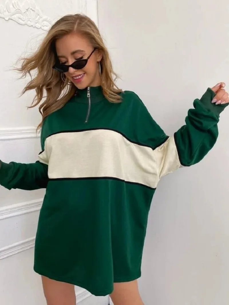 

Green Color Block Vintage Zip Up Oversized Sweatshirt Women Loose Casual New Preppy Style Winter Tops Fashion Girl Clothes Teens