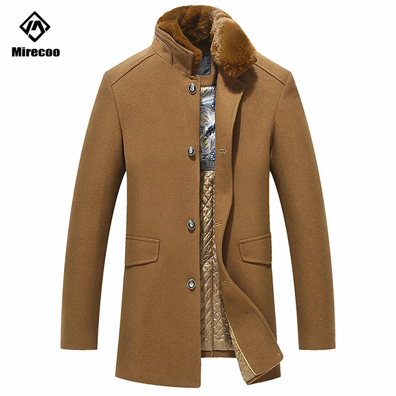 

Повседневное Брендовое мужское шерстяное пальто Mirecoo с меховым воротником, новое однотонное роскошное мужское шерстяное пальто, мужские ше...