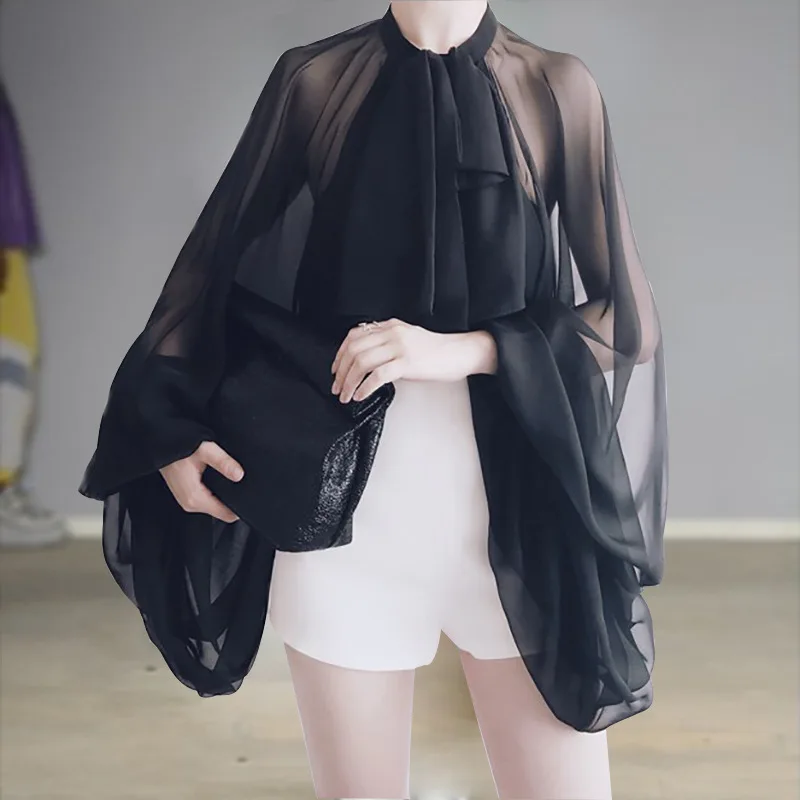 

MSXU Fashion Chic Sexy See Through Chiffon Lantern Neck Fitted Casual Women Blouse Shirts Tops