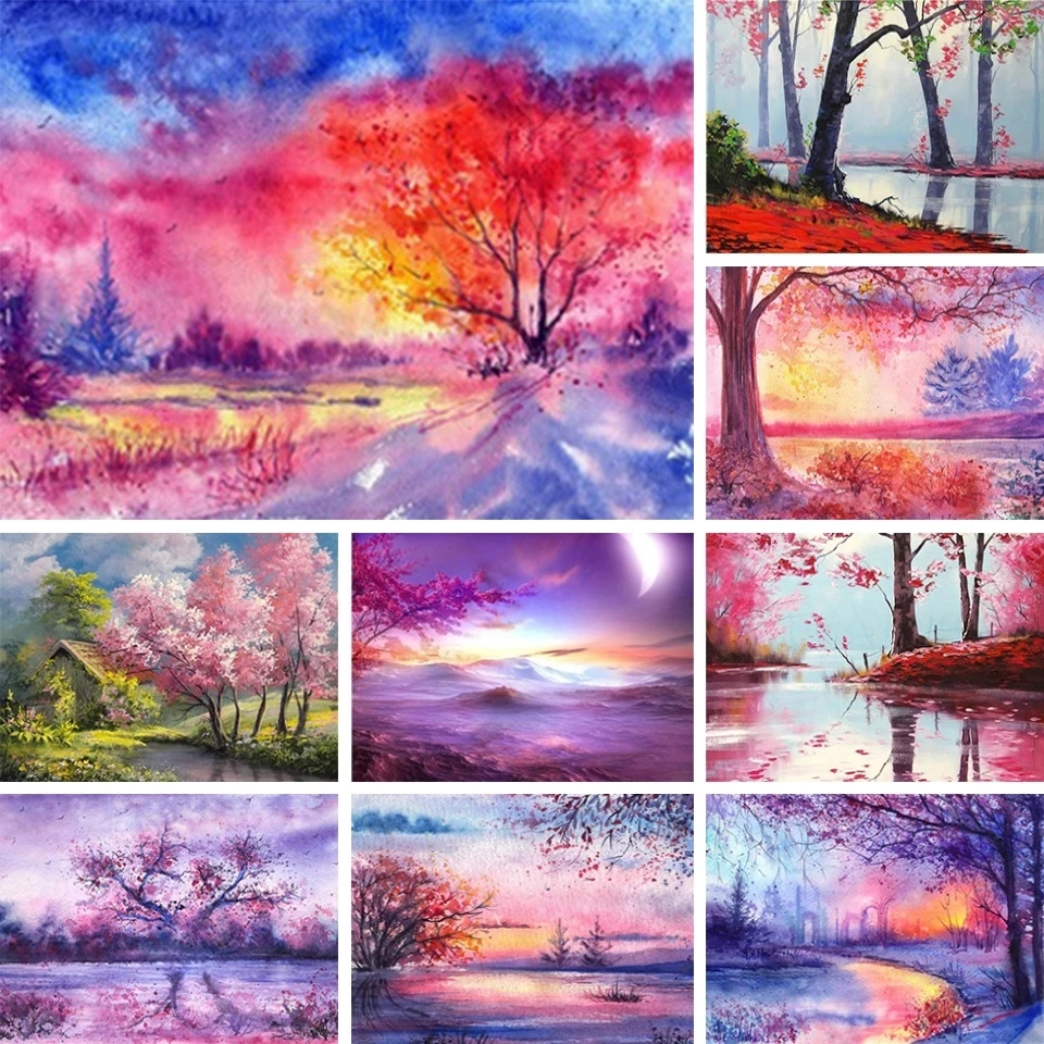 

5D Pink Cherry Tree Forest Purple Clouds Diamond Painting Landscape Diamond Embroidery Painting Full Square Round Rhinestone Art