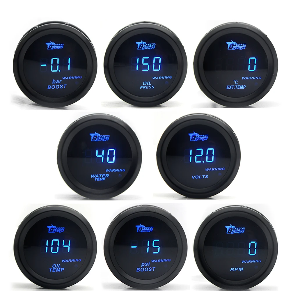 

DRAGON GAUGE 2'' 52MM Boost/Water Temp/Oil Temp/Volt/Tachometer/Oil Pressure Gauge Black Color Digital Blue Led + Gauge Pods