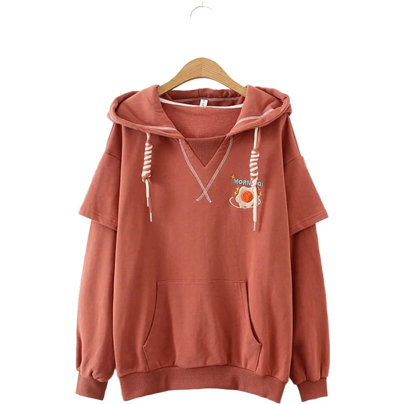 Japan Style Brick Red Embroidered Letter Poached Egg 2020 Autumn Fake 2 Piece Hooded Student Sweatshirt Girl Pullovers 2010693