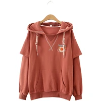 japan style brick red embroidered letter poached egg 2020 autumn fake 2 piece hooded student sweatshirt girl pullovers 2010693