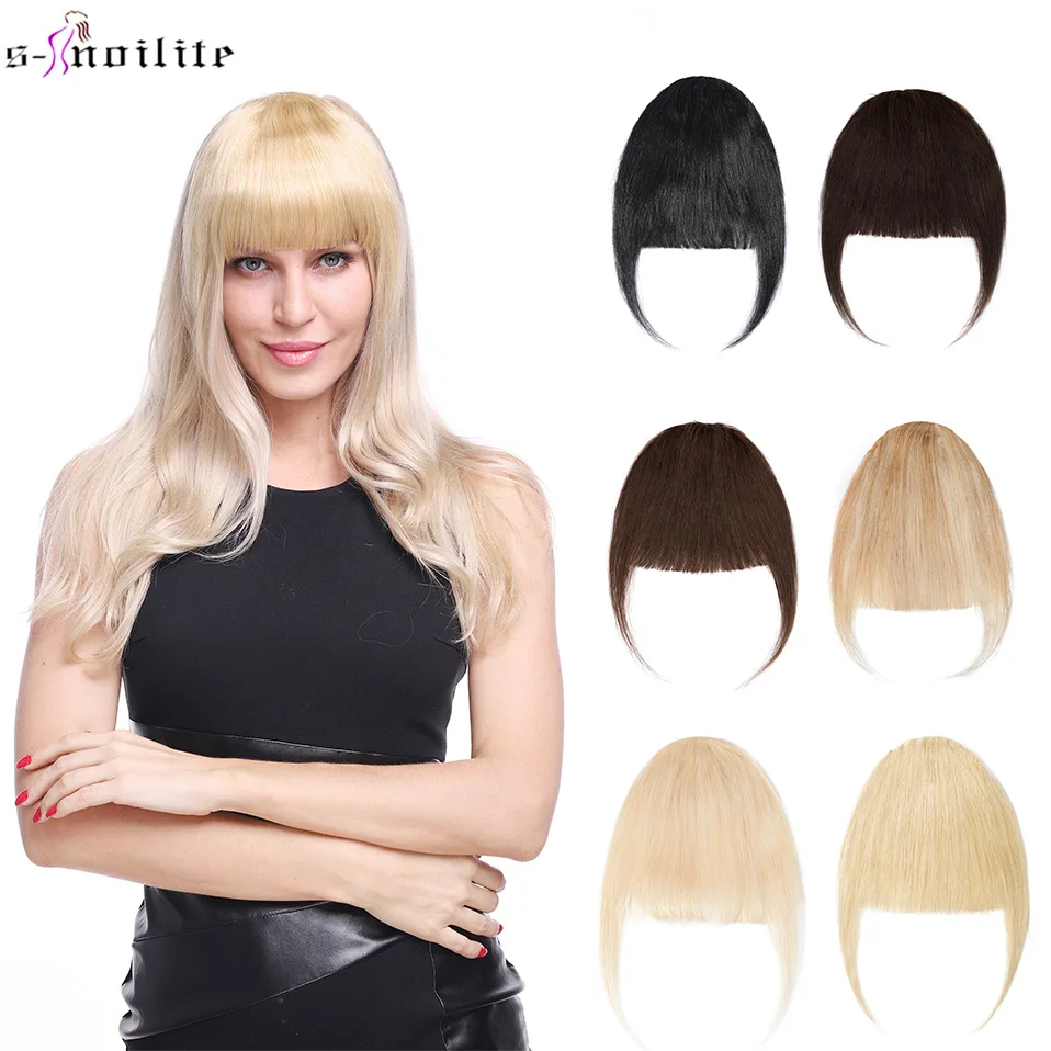 

S-noilite 25g Neat Front Fringe Clip Hair Bangs In Human Remy Hair Extensions Sweeping Side Blunt Bang Natural Black Blonde