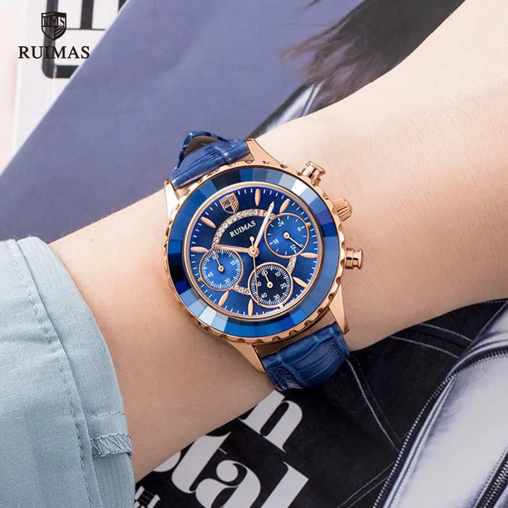 Роскошные Кварцевые часы RUIMAS для женщин синие наручные с кожаным ремешком