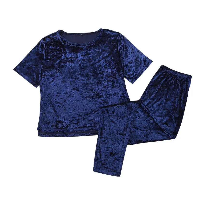 Women Velvet Pajamas Set Elegant Glossy Velour Nightwear Short Sleeve Top and Long Pants Ladies Homewear Loungewear