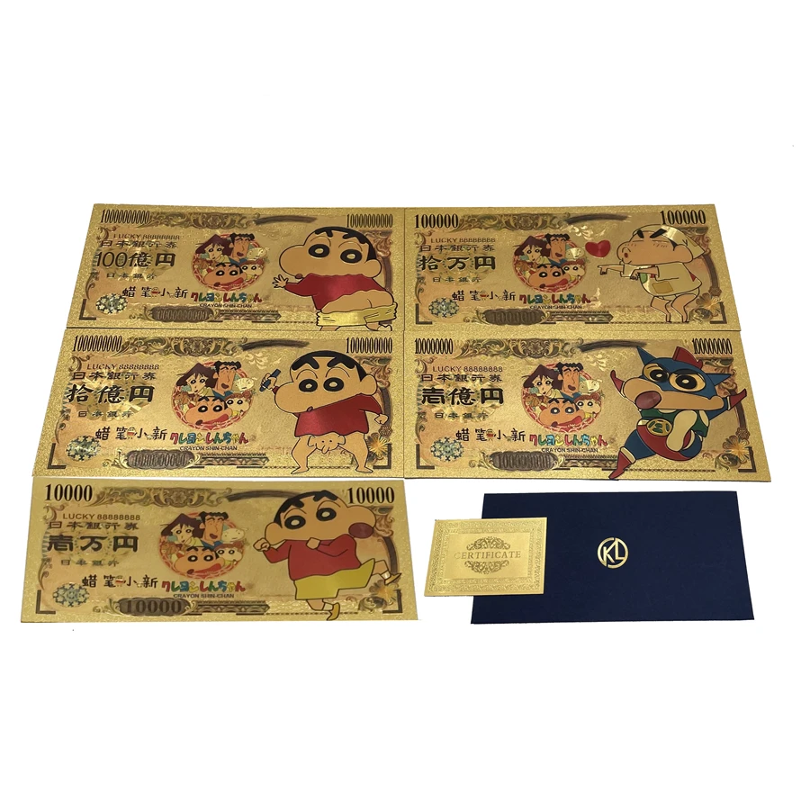 

5types Crayon-Shin gold foil banknotes kid's cute cartoon toy cards plastic ticket Jpan Yen fake money boy's birthday gifts