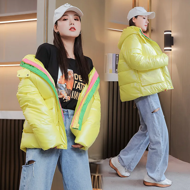 Fashion Color Contrast Loose Hooded Padded Women Winter Jacket Parkas 2021 New Short Winter Jacket Women Glossy Down Cotton Coat