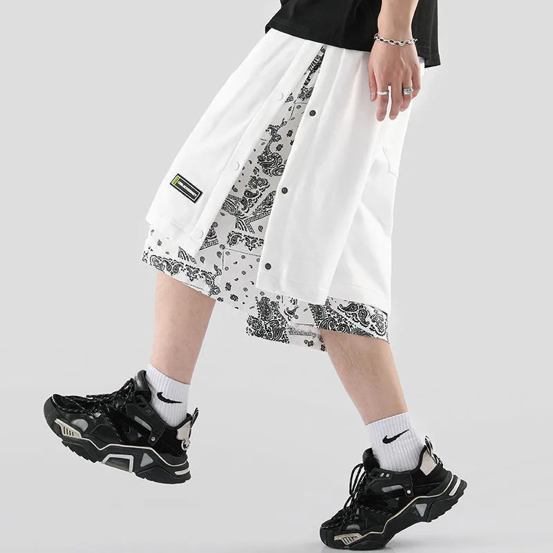 

Cashew Flower Breasted Shorts Men's 2021 Summer Fashion Brand Loose Stitching Fake Two Piece Sports Casual Capris