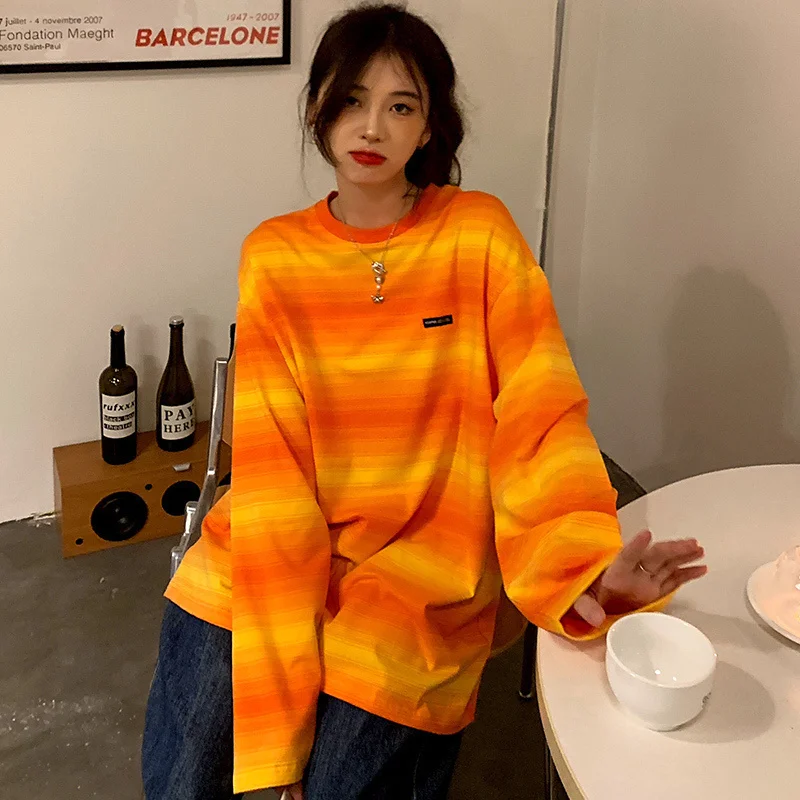 

Real Shot Striped Patch Top Women's Long Sleeve Loose round