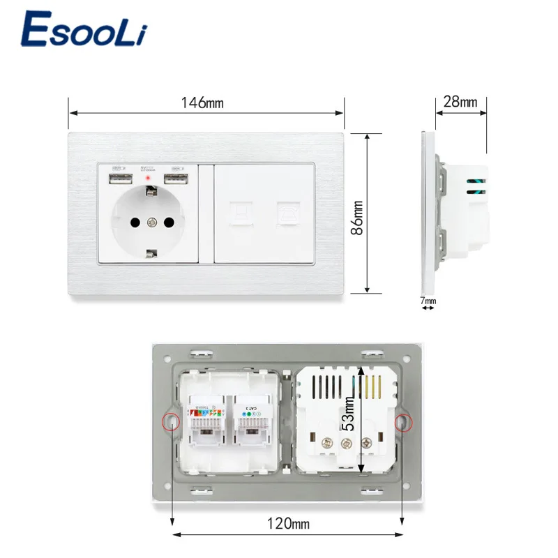Алюминиевая металлическая панель Esooli стандарт ес usb-разъем enchufe с 2 USB-разъемами и