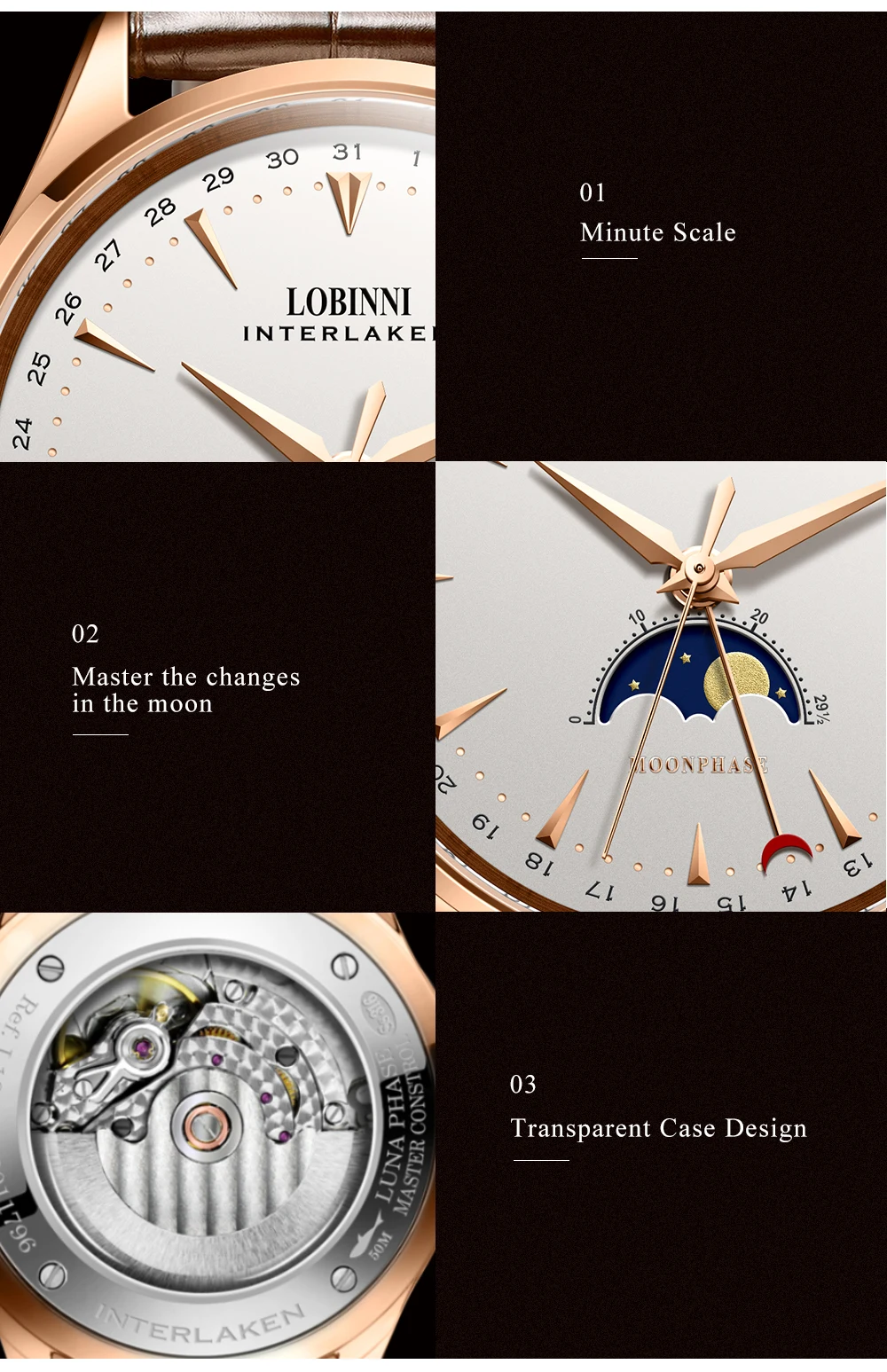 Switzerland LOBINNI мужские часы люксовый бренд Moon Phase Чайка автоматические самозаводные механические мужские часы Сапфировая кожа