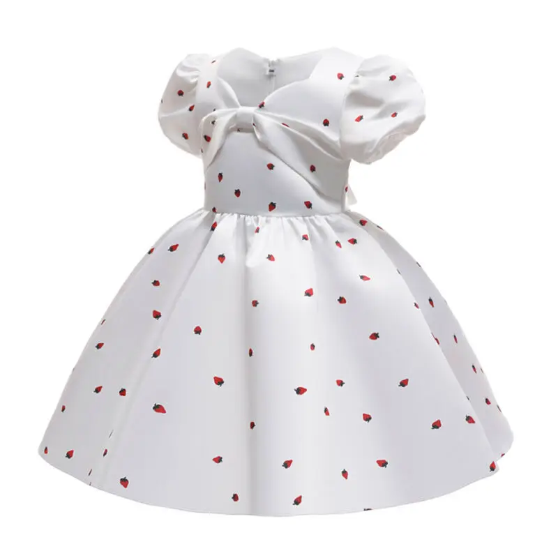 

Kids Girls Short Sleeve Party Dress Lovely Strawberry Print White Princess Skirt Bubble Bow Design Waist Fashion Dresses