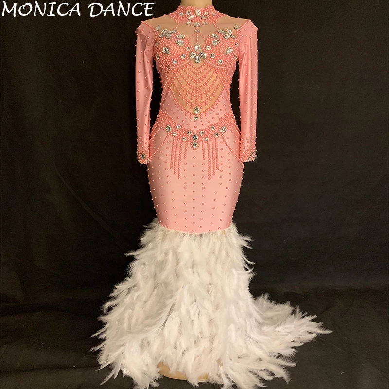 

Женские сексуальные блестящие стразы страуса перо платья Певица Костюм Сексуальная Вечеринка День рождения Одежда Авто шоу танец платье