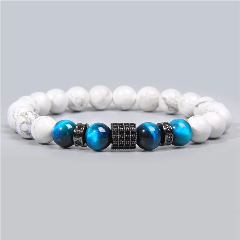 Мужской натуральный белый Howlite синий тигровый глаз каменные бусины браслет для