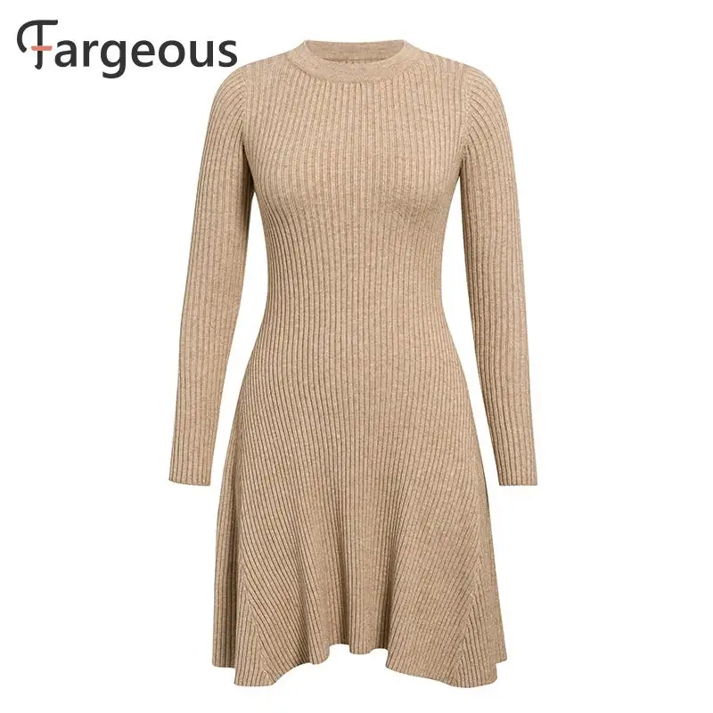 Fargeous Casual Knitted Sweater Dress Women Autumn Winter Ribbed Long Sleeve 2019 Basic White Short Vestidos | Женская одежда
