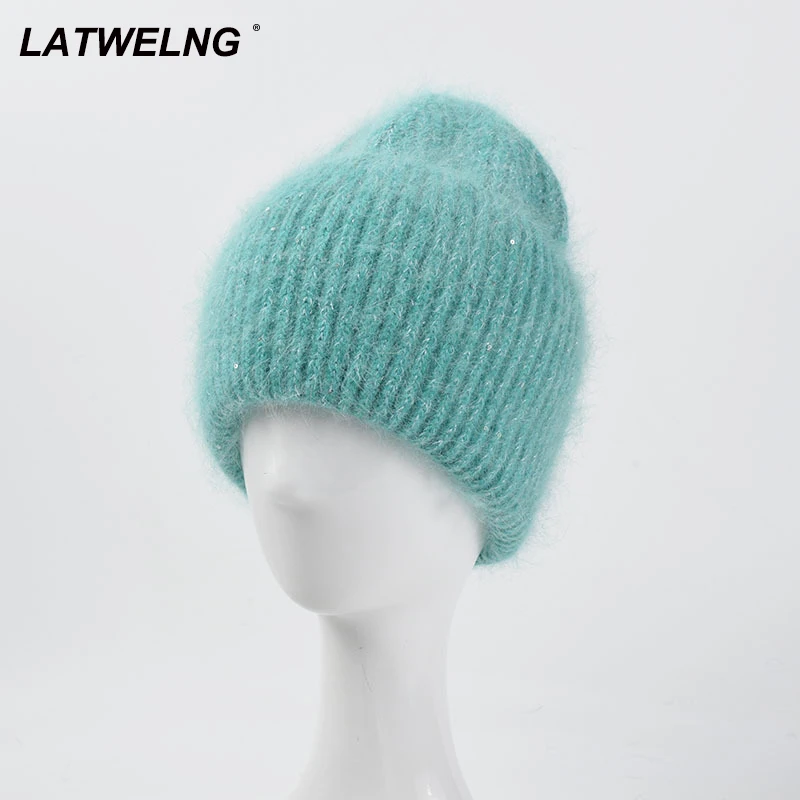 

2021 Female Sequined Rabbit Beanies Hat Autumn Winter Thickened Warm Cap Ear Protection Knitted Hat Color Pullover Cap Wholesale