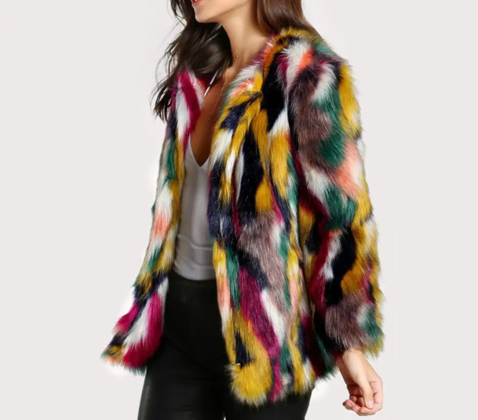Fashion Contrast Multi color Faux Fur Coat Long Hairy Shaggy Outwear Women Autumn Winter Short Jacket Coat Tops