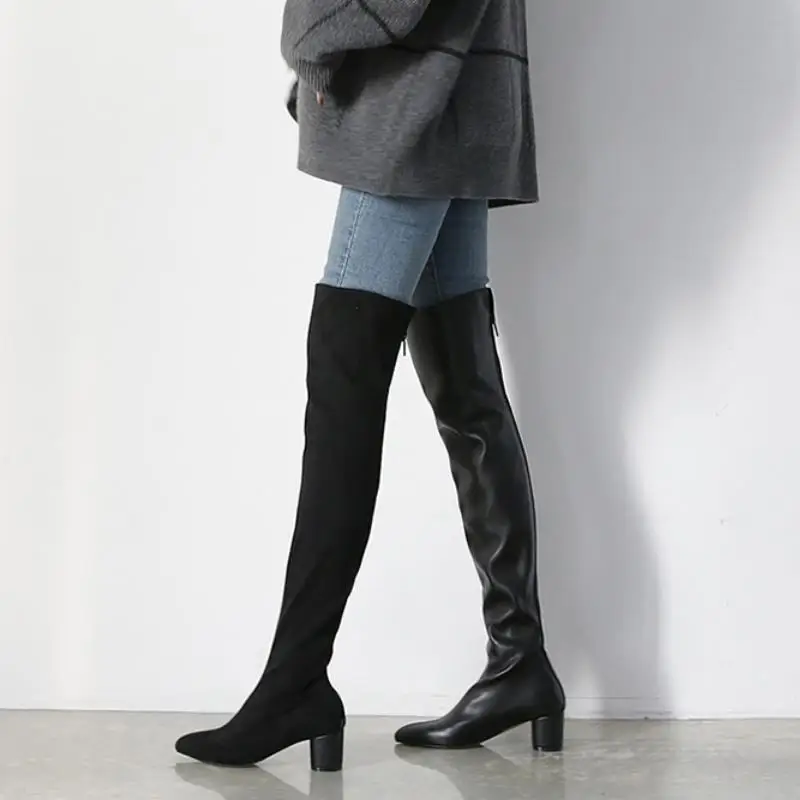 

RIZABINA Women Strecth Boots Fashion Warm High Heel Winter Shoes Woman Over Knee Boot Sexy Pointed Toe Daily Footwear Size 33-40