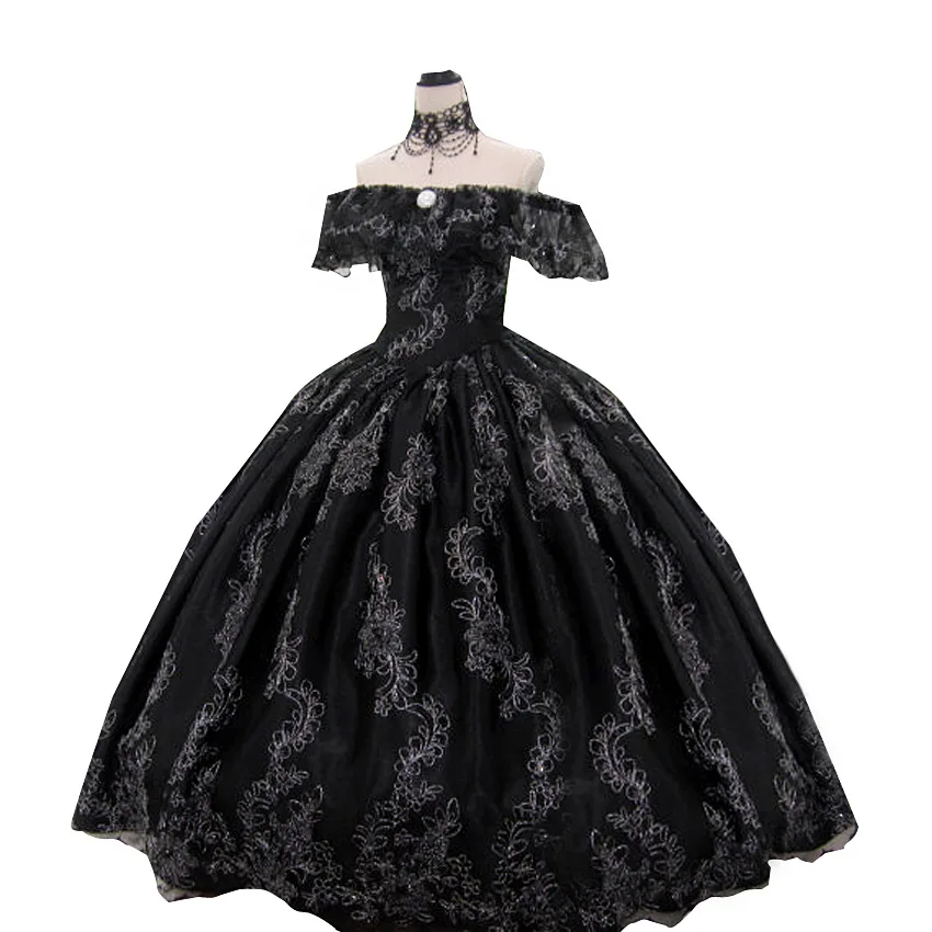 

Vintage Gothic Black Ball Gown Wedding Dresses Embroidery Lace Corset Plus Size Bride Gowns Off Shoulder Bridal Dress 2022