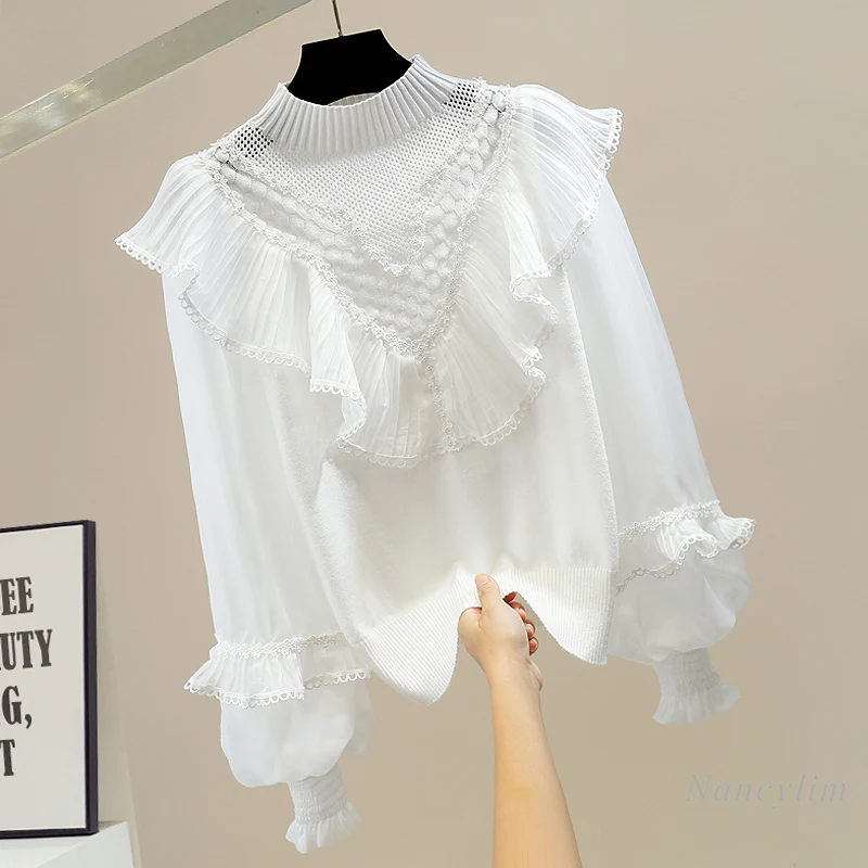 

Autumn Knitted Sweater Woman Fashion Beads Sweet Ruffled Patchwork Retro Lantern Sleeve Half Turtleneck Hollow-out Slim Jumpers