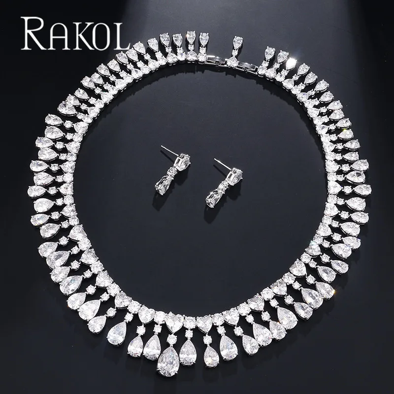 Heart White RAKOL новинка высокое качество синий кубический цирконий серьги ожерелье набор для женщин воды Висячие серьги-капельки Роскошные вечерние ювелирные изделия RS0390 - Окраска металла: Heart White