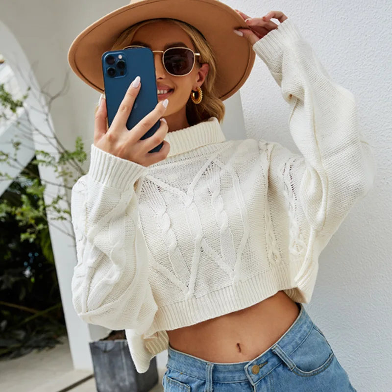 

Women Sweater 2021 Autumn Winter Short Cropped Round Turtle Neck Knitted Christmas Pullover Sweaters Pull Homme White Khahi