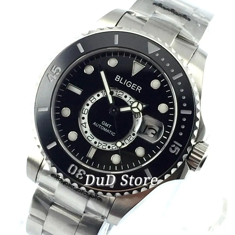 Bliger 43 мм чехол из нержавеющей стали сапфировое стекло светящиеся отметки черный