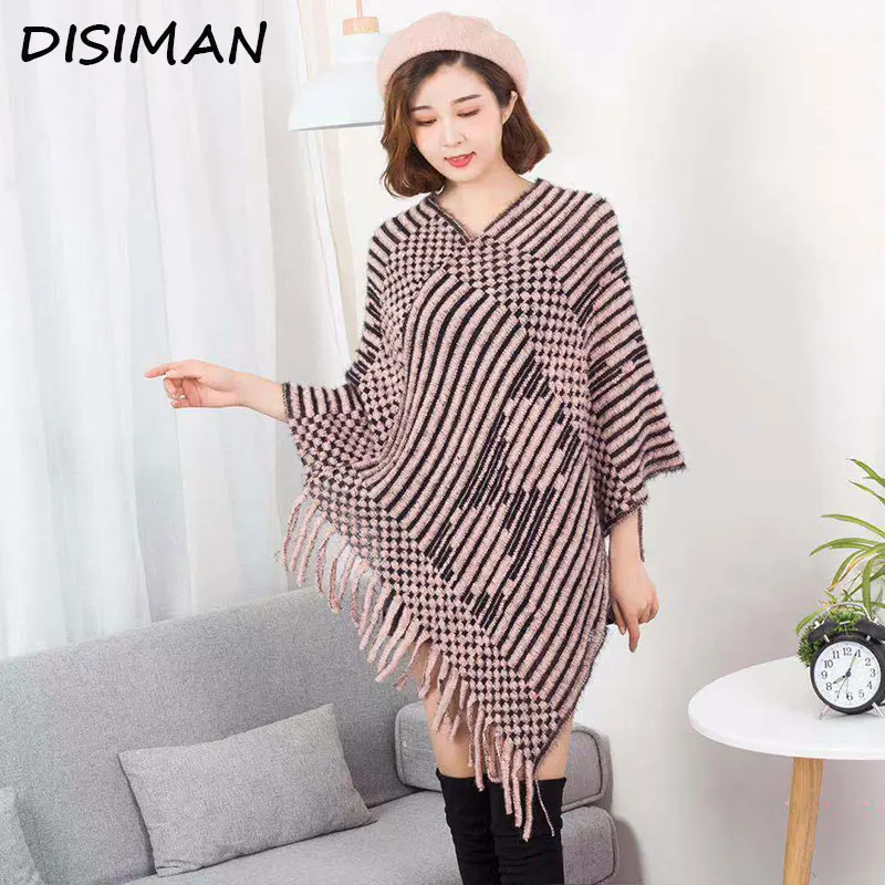 DISIMAN женская зимняя одежда пончо с кисточками женский вязанный большим