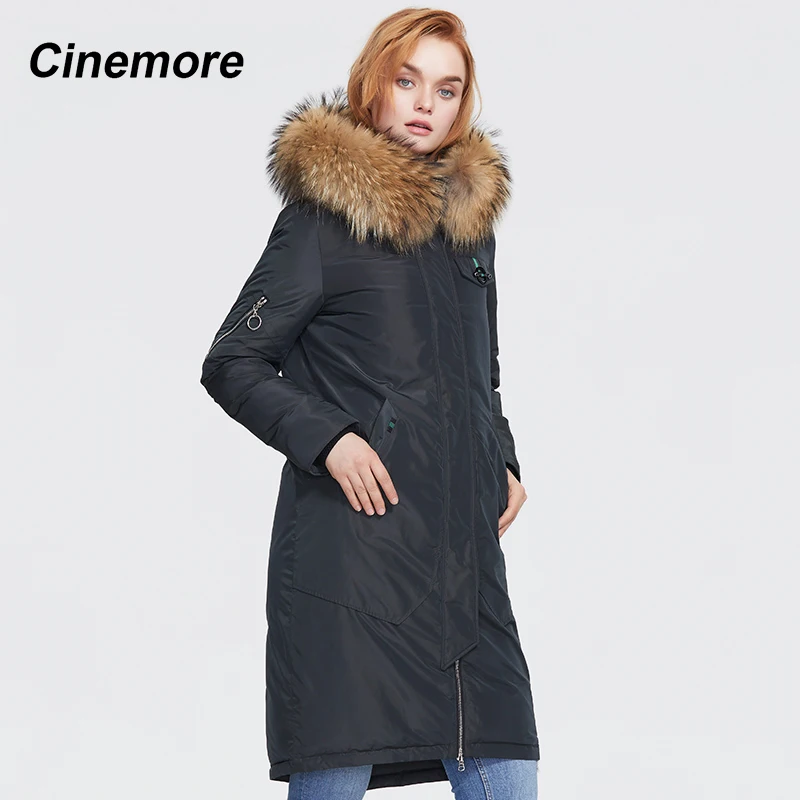 

CINEMORE 2020Winter new arrival women coat winter collar Faux fur with a hood top thick cotton long down jaket for women 9990