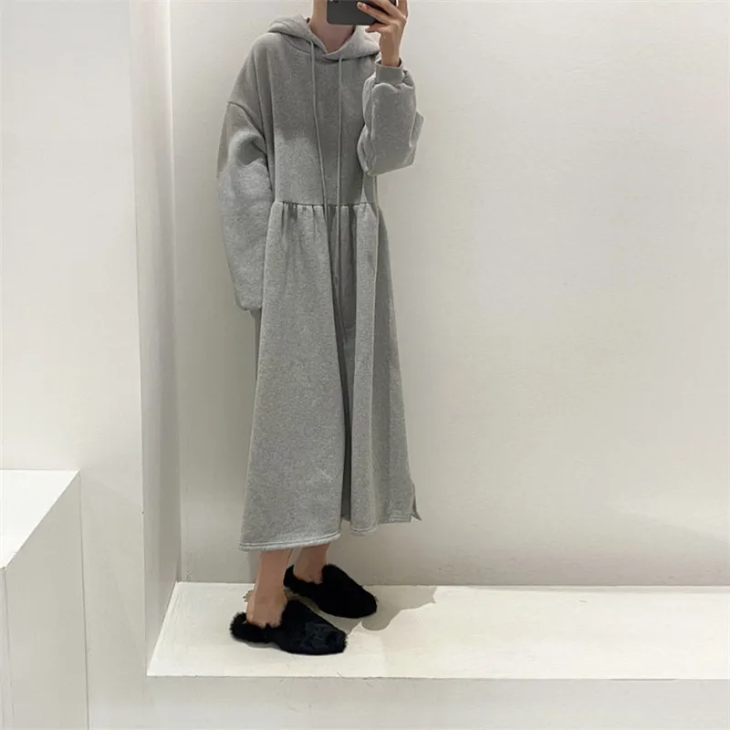 

French Style Chic Solid Simple Winter Sweater Dress Eelgant Fashion Casual Fashion With Hoodies Dress Autumn Long Vestidos 2020