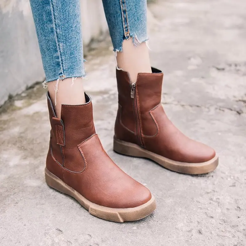

MHYONS 2018 Autumn Women Boots Leather Flat Ankle Boots Middle Tube Female Casual Shoes Short Boots Short Boots for Women