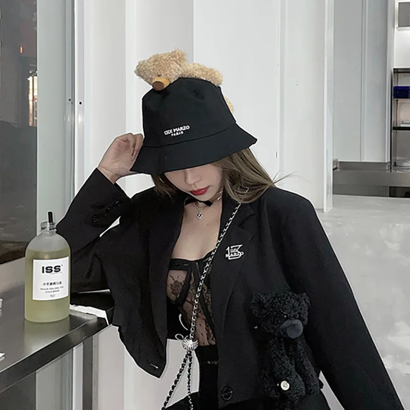 

Summer Thin Cute Bear Basin Hat Luxury Beach Bucket Cap Breathable Fisherman Hats With Rope Comfortable Panama