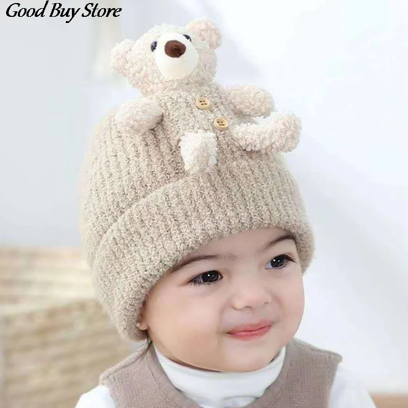 Теплая шапка бини Lovely Bear для осени и зимы Детская Вязаная Мягкая однотонная Милая