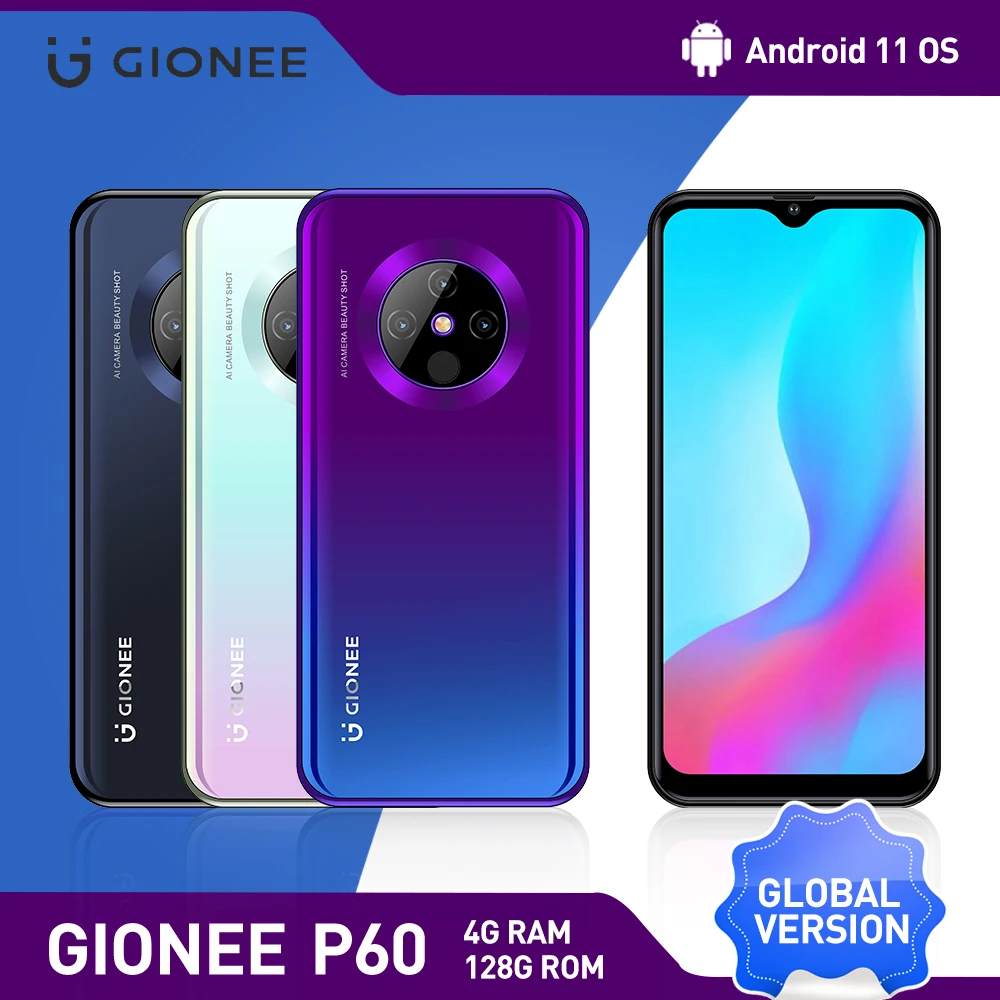 

Глобальная версия GIONEE P60 мобильных телефонов Android 11 4GB128GB 6,53 дюймов HD + экран смартфон 4000 мАч Восьмиядерный 13MP мобильный телефон