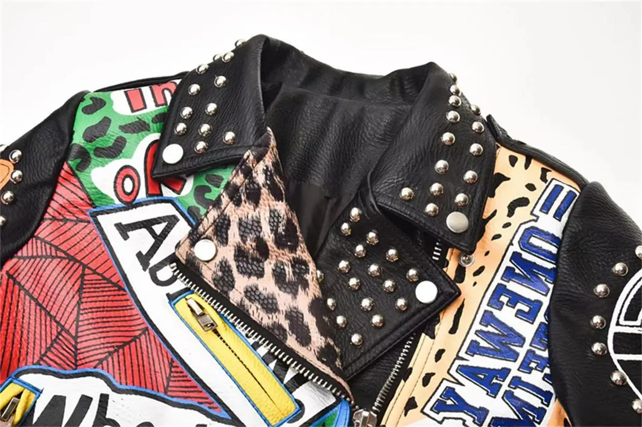 Women's High Street 2022 Autumn/Winter Leopard Print Color Block  Jacket Short Leather  Quality enlarge