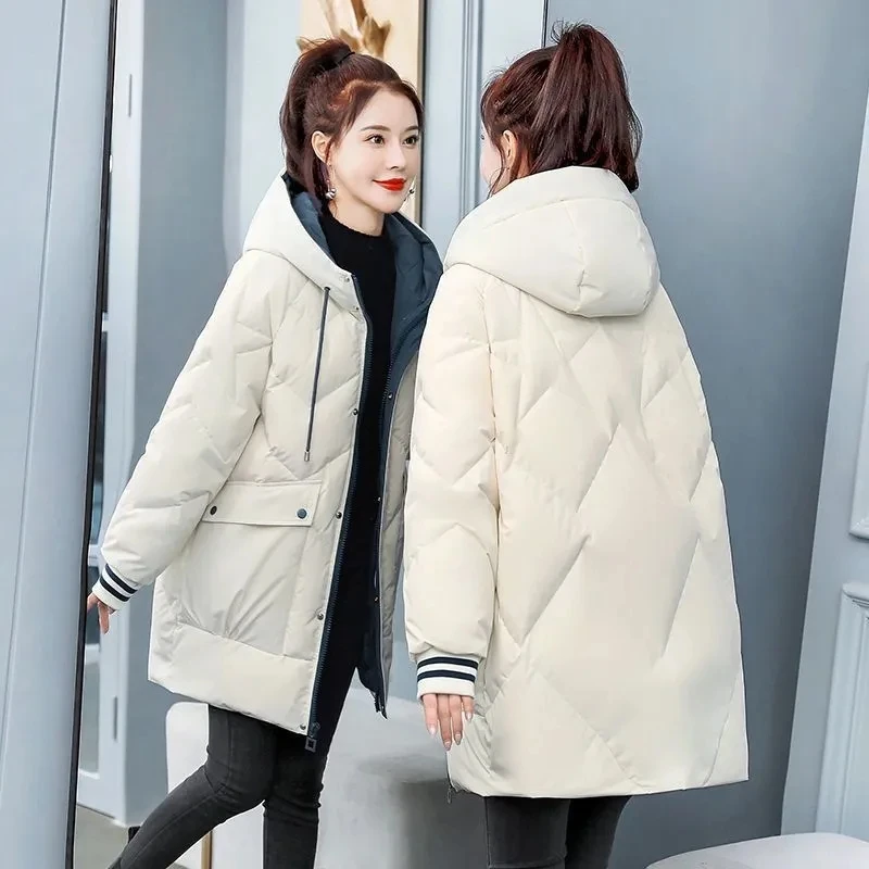 Down Padded Jacket Women Mid-length 2021 Winter New Korean Of The Small Padded Coat Female Loose Thick Hooded Quilted JacketA303