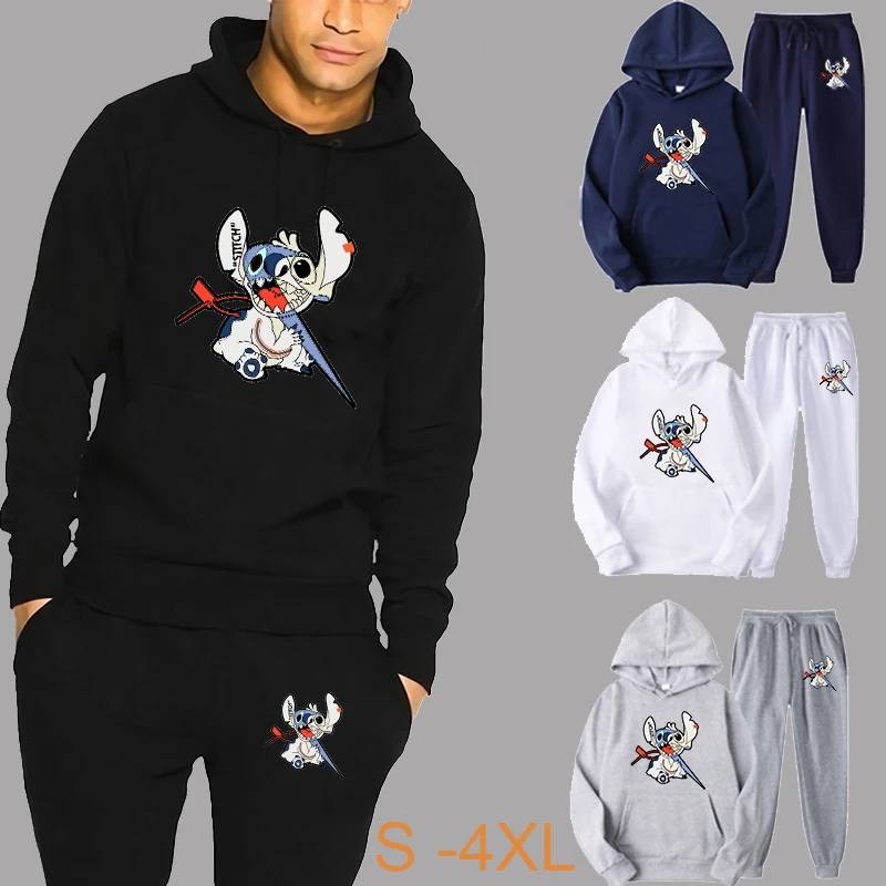 

Мужской спортивный костюм Стич x Off, Мужская толстовка, пуловер + спортивные брюки, Мужская одежда, осень-зима, комплект из 2 предметов, 2021